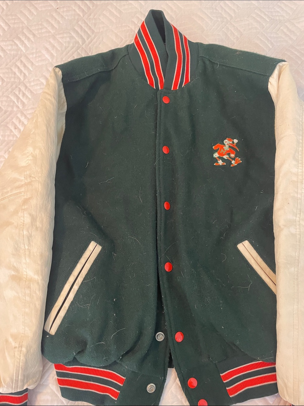Green and Cream Varsity Bomber Jacket with Red Trim